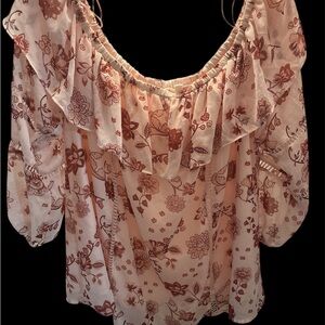 Cloud Chaser Cream and Brown Ruffled 3/4 Sleeve Blouse